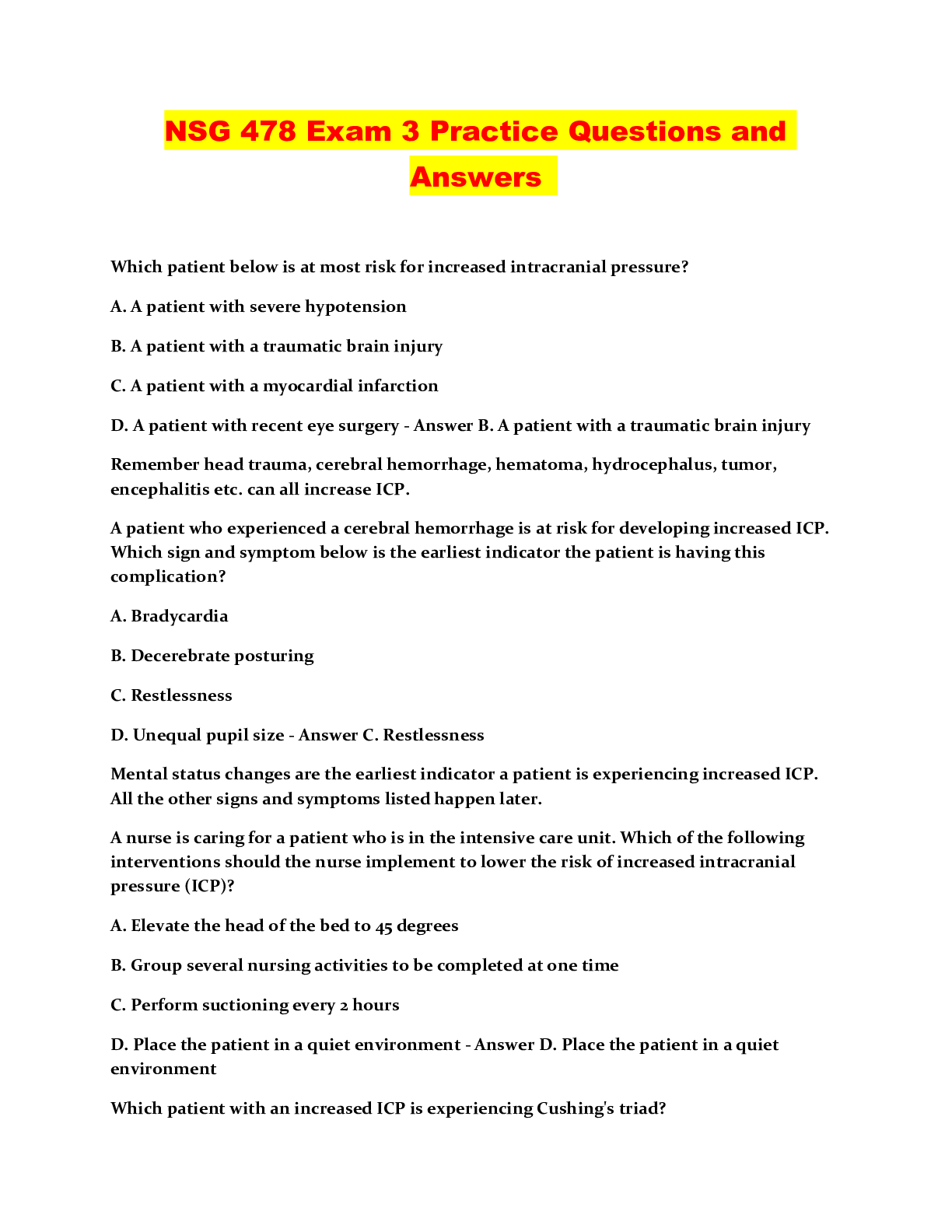 Preview image for NSG 478 Exam 3 Practice Questions and Answers